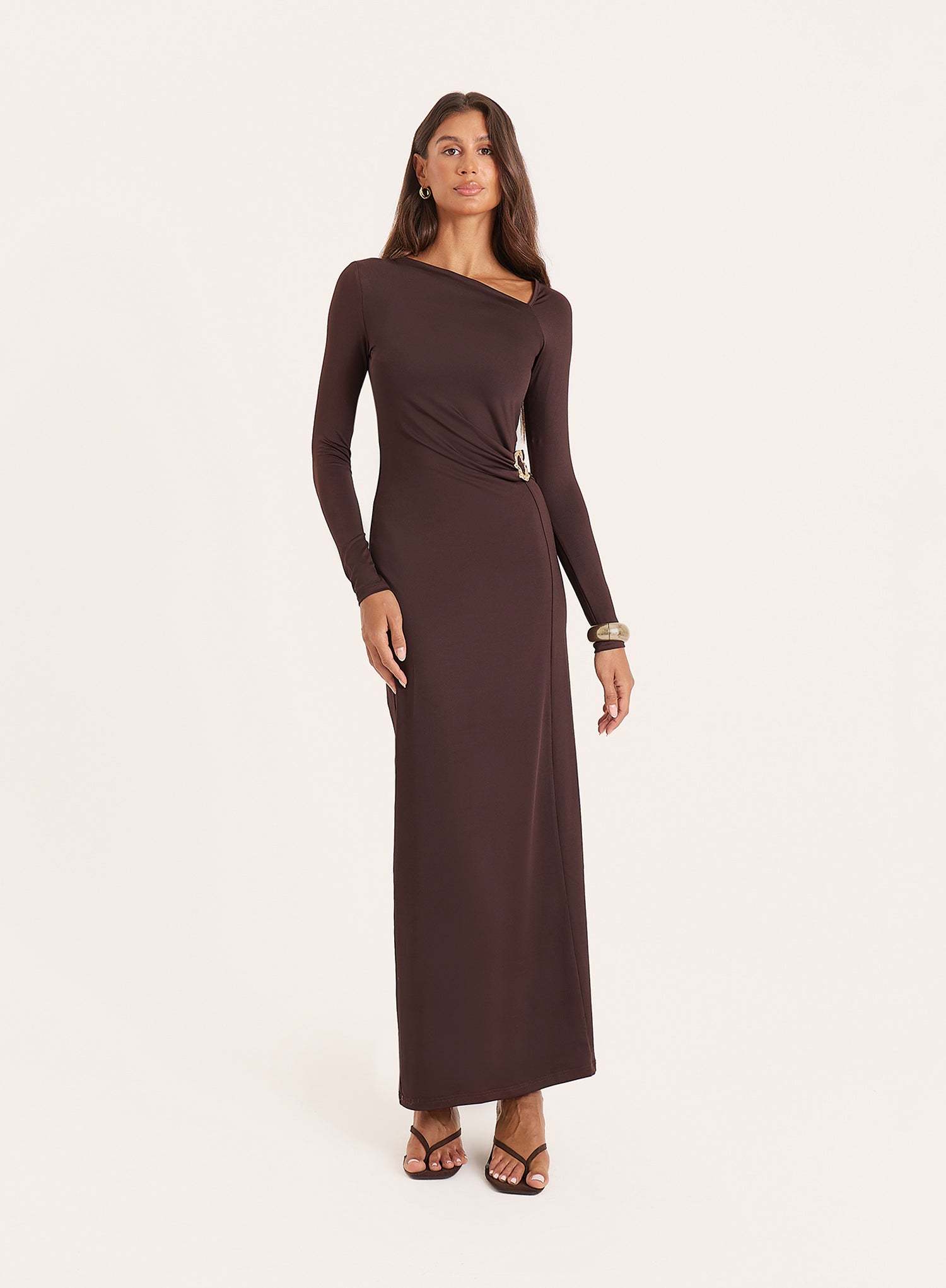 Chocolate Off Shoulder Hardware Maxi Dress